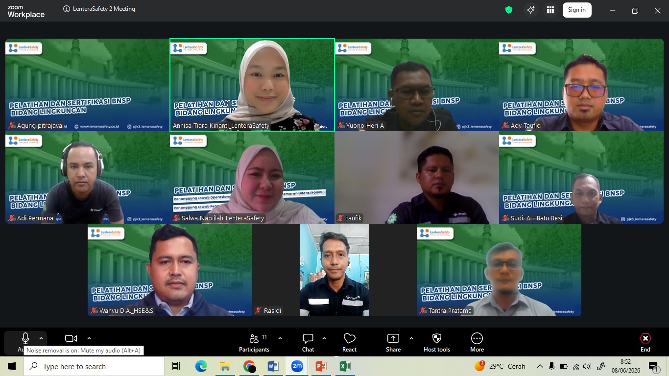 In-House Training Sertifikasi BNSP Lingkungan Udara dan Air (POPAL, PPPA, POIPPU, dan PPPU), Diselenggarakan Secara Online PT. Timah.Tbk. Bekasi, 08-10 Juni 2026